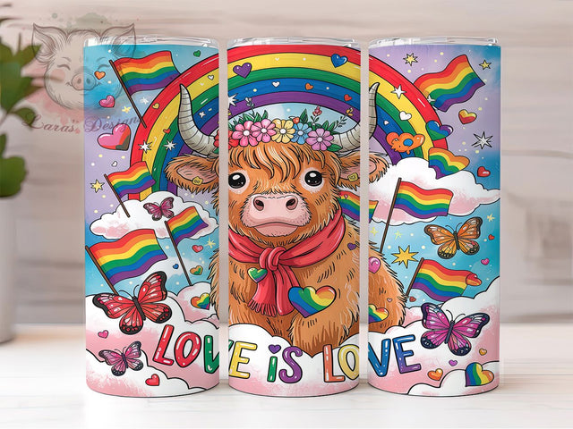 Rainbow Highland Cow Love Is Love Tumbler Wrap, Pride Highland Cow, Baby Cow Tumbler Wrap, LGBT Cow Design, 20oz Pride Wrap, Rainbow Cow Tumbler, Cute Pride Animal Sublimation Lara' s Designs 