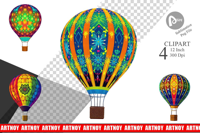 Rainbow Hot Air Balloon Clipart Sublimation artnoy 