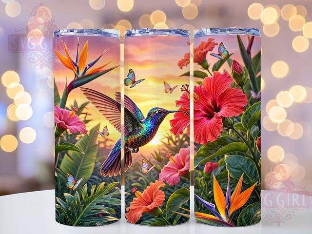 Rainbow Hummingbird Hibiscus 20oz Tumbler Wrap, Rainbow Theme, Hummingbird Motif, Hibiscus Flower, Tropical Style, Whimsical Charm, Skinny Tumbler, Sublimation PNG Sublimation SvggirlplusArt 