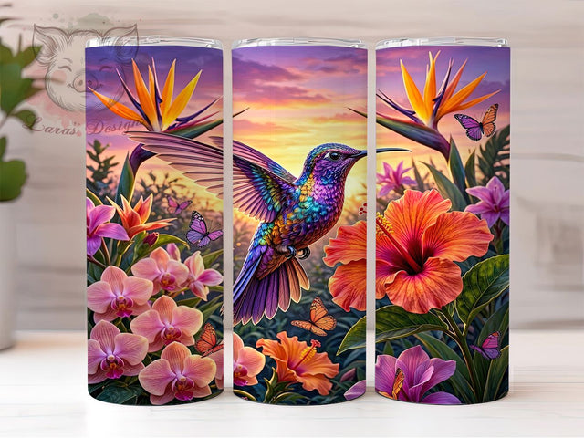 Rainbow Hummingbird Hibiscus Glow 20oz Tumbler, Rainbow Theme, Hummingbird Motif, Hibiscus Flower, Glow Effect, Tropical Charm, Skinny Tumbler, Sublimation PNG Sublimation Lara' s Designs 