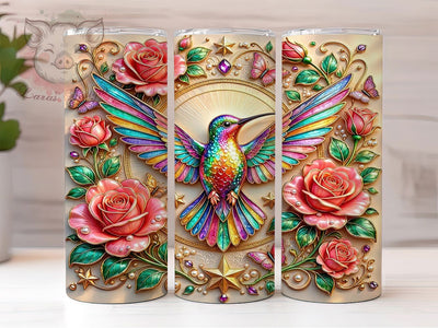 Rainbow Hummingbird Rose Enamel 20oz Tumbler, Rainbow Accent, Hummingbird Motif, Rose Design, Enamel Style, Sublimation Wrap, 20oz Tumbler, Elegant Charm Sublimation Lara' s Designs 