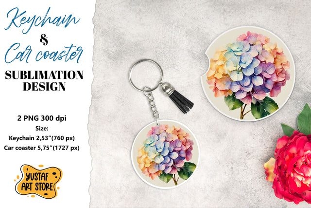 Rainbow Hydrangea Keychain & Car coaster sublimation. Sublimation Yustaf Art Store 