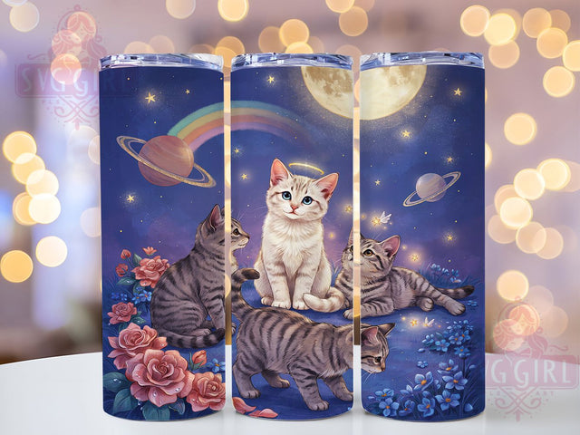 Rainbow Kitten Celestial Garden 20oz Tumbler, Celestial Cats, White Kitten, Gray Tabby, Magical Garden, Skinny Tumbler, Sublimation PNG Sublimation SvggirlplusArt 