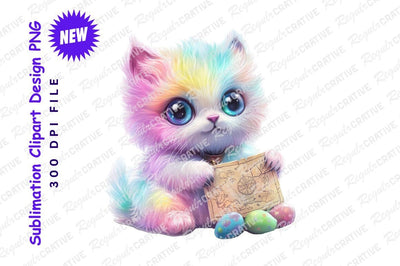 Rainbow kitten holding treasure map with eggs Sublimation Regulrcrative 