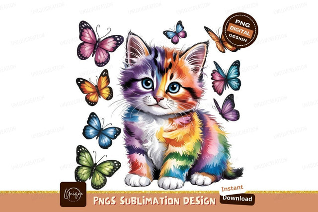 Rainbow Kitten With Butterflies Sublimation Png Sublimation Designangry 