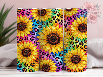 Rainbow Leopard Sunflowers 20oz Tumbler, Leopard Sunflower Motif, Rainbow Art Design, Vibrant Theme, Whimsical Accent, Bold Charm, Sublimation Wrap, 20oz Tumbler Sublimation Li Zamperini 