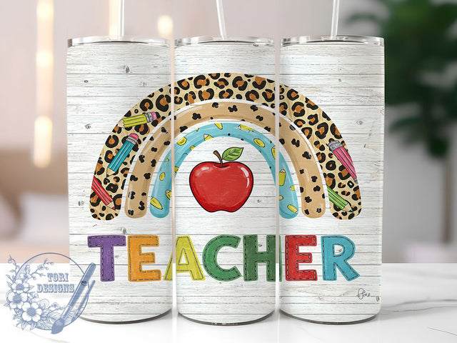 Rainbow Leopard Teacher 20oz Tumbler, Rainbow Leopard Print, Educator Gift Mug, Colorful Teacher Cup, Leopard School Design, Trendy Teacher Wrap, Sublimation Tumbler Wrap Sublimation ToriDesigns 