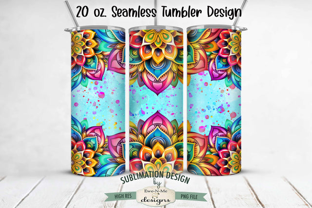 Rainbow Mandala with Blue 20 oz Seamless Tumbler Wrap Design Sublimation Ewe-N-Me Designs 