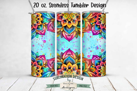 Rainbow Mandala with Blue 20 oz Seamless Tumbler Wrap Design Sublimation Ewe-N-Me Designs 