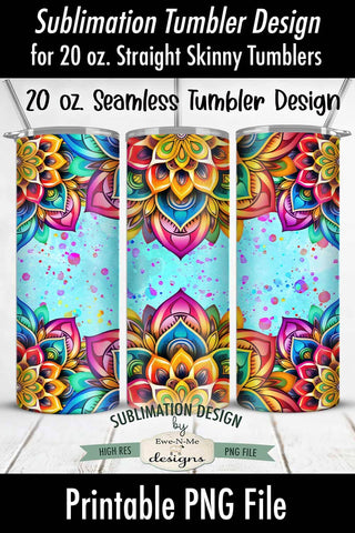 Rainbow Mandala with Blue 20 oz Seamless Tumbler Wrap Design Sublimation Ewe-N-Me Designs 