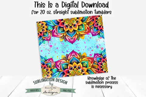 Rainbow Mandala with Blue 20 oz Seamless Tumbler Wrap Design Sublimation Ewe-N-Me Designs 
