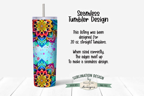 Rainbow Mandala with Blue 20 oz Seamless Tumbler Wrap Design Sublimation Ewe-N-Me Designs 