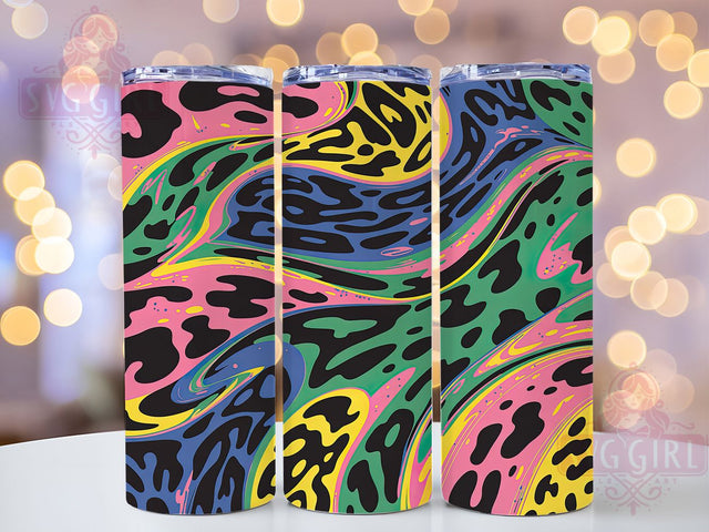 Rainbow Neon Leopard Tumbler, Neon Cheetah Spots, Wooden Background Print, 20Oz Sublimation Wrap, Colorful Animal Print, Vibrant Cheetah Texture, Tumbler Sublimation Sublimation SvggirlplusArt 