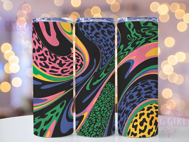 Rainbow Neon Leopard Tumbler, Neon Cheetah Spots, Wooden Background Print, 20Oz Sublimation Wrap, Colorful Animal Print, Vibrant Cheetah Texture, Tumbler Sublimation Sublimation SvggirlplusArt 