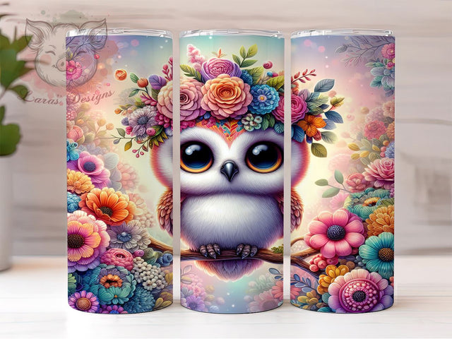 Rainbow Owl with Flowers 20 oz Skinny Tumbler Sublimation Design, Straight & Tapered Tumbler Png, Cute Owl Tumbler Png, Digital Download PNG Sublimation Lara' s Designs 