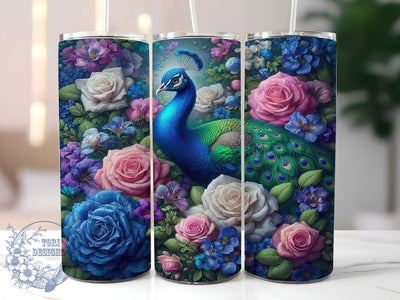 Rainbow Peacock Floral Tumbler, Floral Tumbler Design, 20oz Tumbler Wrap, Sublimation Design, Exotic Bird Gift, Colorful Peacock Wrap, Nature Inspired Tumbler Sublimation ToriDesigns 