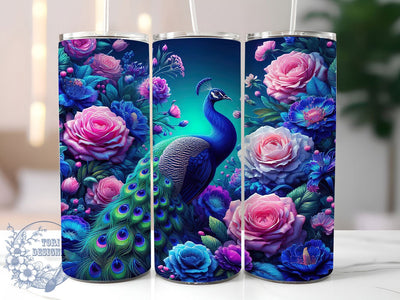 Rainbow Peacock Floral Tumbler, Floral Tumbler Design, 20oz Tumbler Wrap, Sublimation Design, Exotic Bird Gift, Colorful Peacock Wrap, Nature Inspired Tumbler Sublimation ToriDesigns 