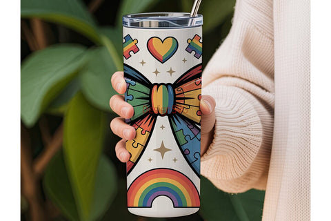 Rainbow Puzzle Bow 20oz Tumbler Wrap Sublimation DesignSVG 