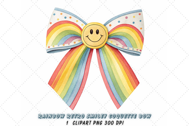 Rainbow Retro Smiley Coquette Bow Clipart, rainbow retro bow, smiley coquette bow, colorful bow design, retro smiley clipart, digital bow design, cheerful rainbow bow, smiley bow art Sublimation FloridPrintables 