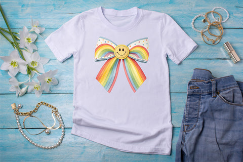 Rainbow Retro Smiley Coquette Bow Clipart, rainbow retro bow, smiley coquette bow, colorful bow design, retro smiley clipart, digital bow design, cheerful rainbow bow, smiley bow art Sublimation FloridPrintables 