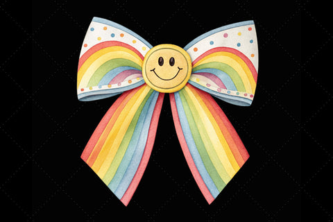Rainbow Retro Smiley Coquette Bow Clipart, rainbow retro bow, smiley coquette bow, colorful bow design, retro smiley clipart, digital bow design, cheerful rainbow bow, smiley bow art Sublimation FloridPrintables 