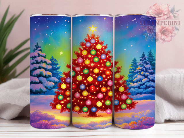 Rainbow Snowy Christmas Tree Tumbler, Painterly Christmas Art, Rainbow Lights Design, 20Oz Wrap Design, Christmas Sublimation, Winter Tree Art, Festive Holiday Design Sublimation Li Zamperini 