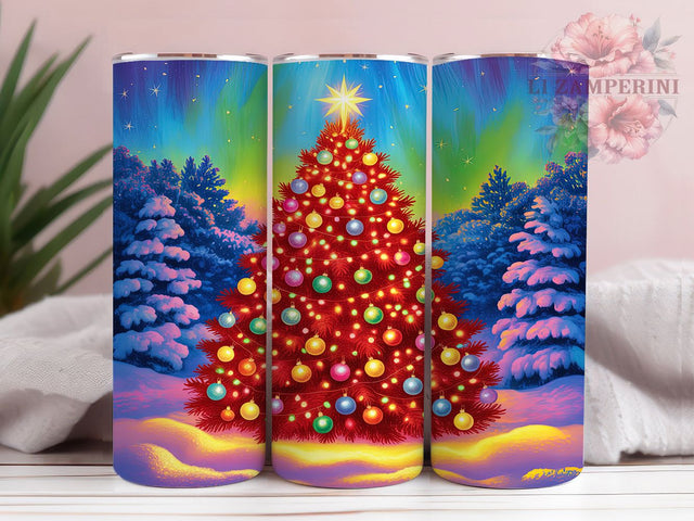 Rainbow Snowy Christmas Tree Tumbler, Painterly Christmas Art, Rainbow Lights Design, 20Oz Wrap Design, Christmas Sublimation, Winter Tree Art, Festive Holiday Design Sublimation Li Zamperini 