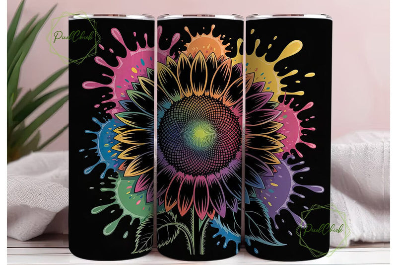 Rainbow Sunflower Splatter 20oz Tumbler Sublimation PixelChick 