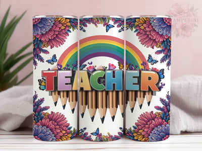 Rainbow Teacher 20oz Tumbler Wrap PNG, Floral Pencil Teacher Tumbler Png, Straight & Tapered Tumbler Wrap, Instant Digital Download Sublimation Li Zamperini 