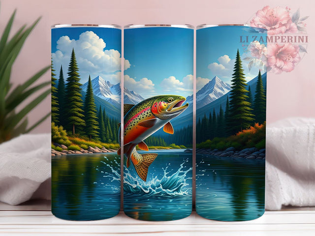 Rainbow Trout Tumbler, Fishing Tumbler Wrap, Personalized Drinkware, Mountain Fishing Design, Sublimation 20oz Tumbler, Outdoor Adventure Gift, Angler Tumbler Art Sublimation Li Zamperini 