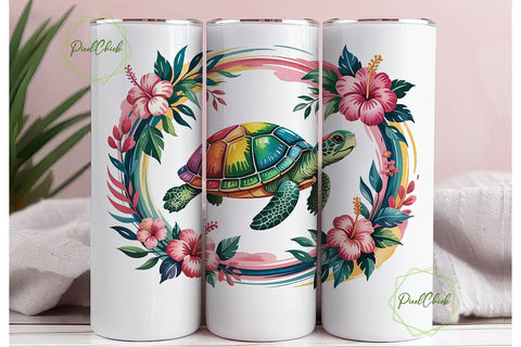Rainbow Turtle & Hibiscus 20oz Tumbler Sublimation PixelChick 