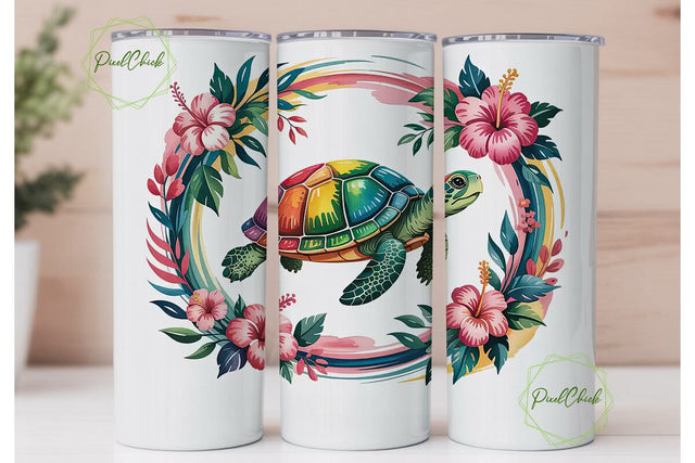 Rainbow Turtle & Hibiscus 20oz Tumbler Sublimation PixelChick 