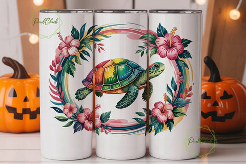 Rainbow Turtle & Hibiscus 20oz Tumbler Sublimation PixelChick 
