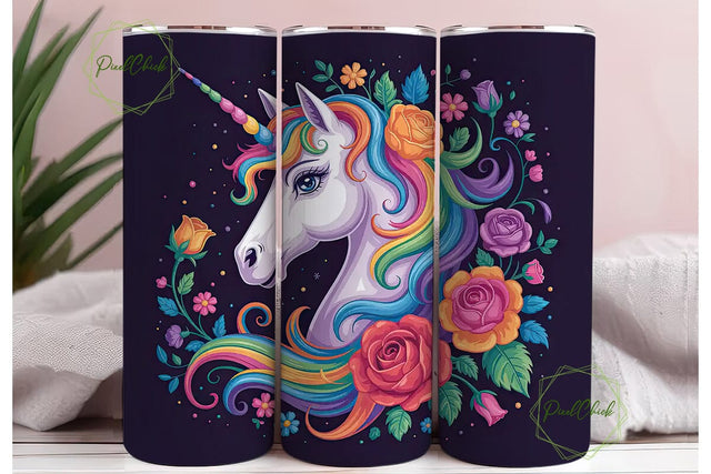 Rainbow Unicorn Floral 20oz Tumbler Wrap Sublimation PixelChick 