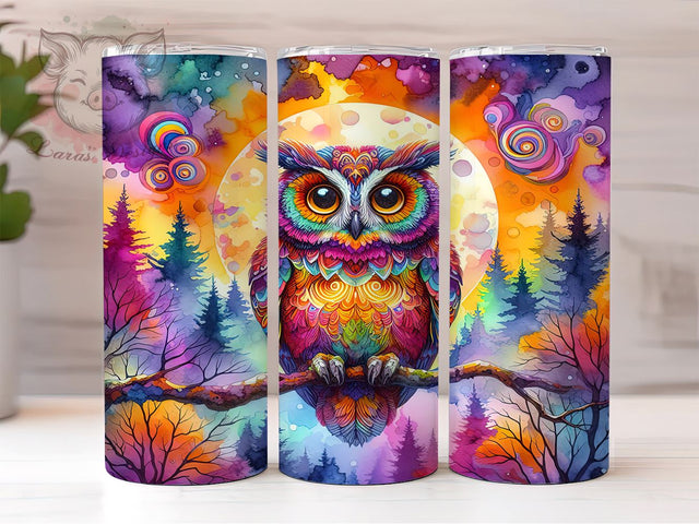 Rainbow Vibrant Owl in Forest 20oz Tumbler Png, Straight & Tapered Tumbler Png, Owl Tumbler Png, Digital Download PNG Sublimation Lara' s Designs 