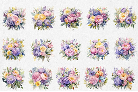 Rainbow Watercolor Bouquets Clipart Bundle Sublimation BijouBay 