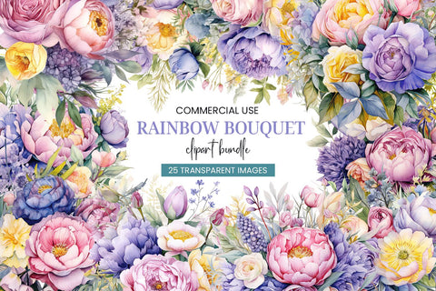 Rainbow Watercolor Bouquets Clipart Bundle Sublimation BijouBay 