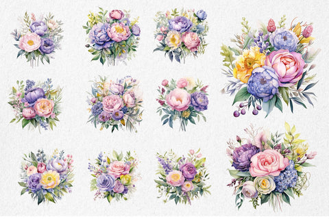 Rainbow Watercolor Bouquets Clipart Bundle Sublimation BijouBay 