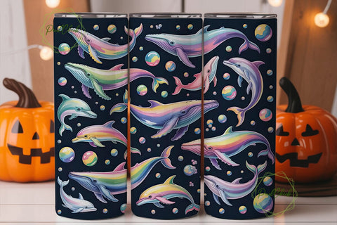 Rainbow Whales & Dolphins Tumbler Wrap Sublimation PixelChick 