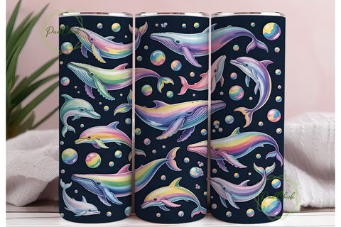 Rainbow Whales & Dolphins Tumbler Wrap Sublimation PixelChick 