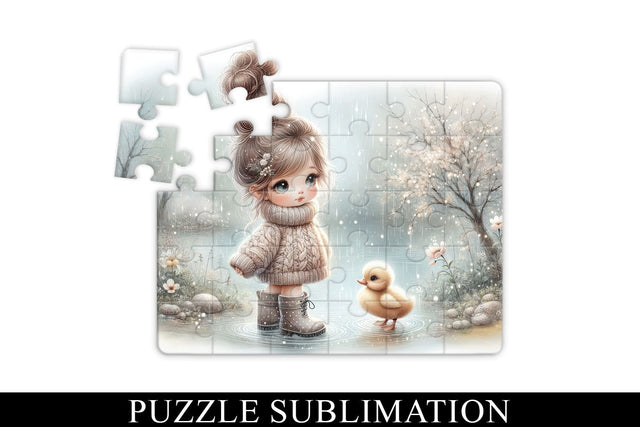 Rainy Day Girl and Duck Puzzle Sublimation PNG Sublimation BijouBay 