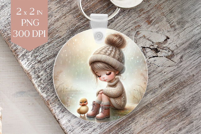 Rainy Day Girl and Duckling Keychain PNG Sublimation BijouBay 
