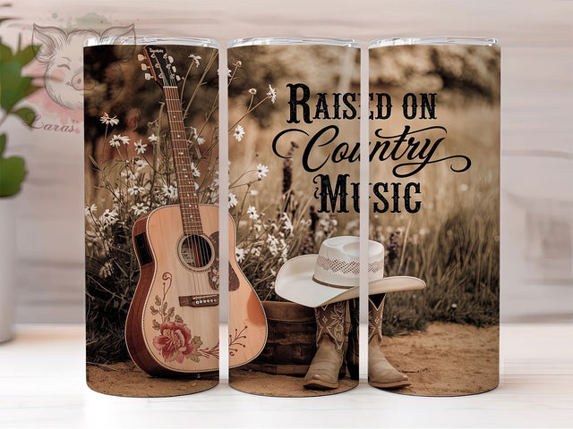 Raised on Country Music Western Tumbler, Music Lover Gift, Raised on Country, Western Tumbler, 20oz Sublimation Wrap, Country Girl Gift, Rustic Music Design Sublimation Lara' s Designs 