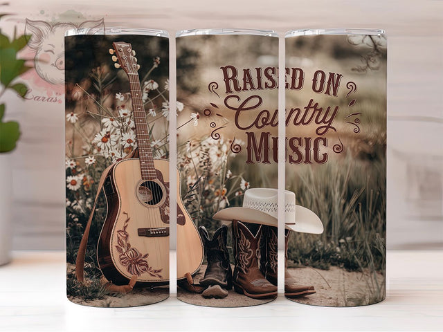 Raised on Country Music Western Tumbler, Music Lover Gift, Raised on Country, Western Tumbler, 20oz Sublimation Wrap, Country Girl Gift, Rustic Music Design Sublimation Lara' s Designs 
