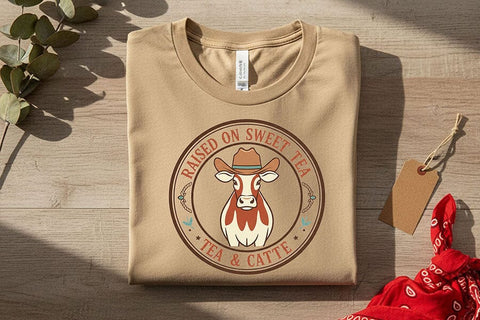 Raised on Sweet Tea Tea & Cattle Png, Western Cowgirl Badge Sublimation Design, Southern Country Girl Shirt Graphic, Ranch Life Cow Png SVG TiffsCraftyCreations 