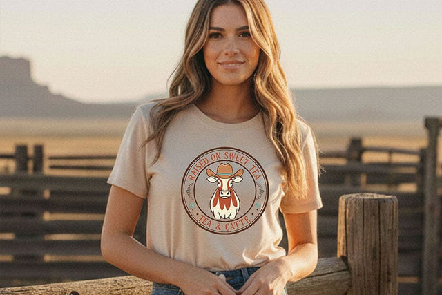 Raised on Sweet Tea Tea & Cattle Png, Western Cowgirl Badge Sublimation Design, Southern Country Girl Shirt Graphic, Ranch Life Cow Png SVG TiffsCraftyCreations 