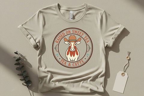 Raised on Sweet Tea Tea & Cattle Png, Western Cowgirl Badge Sublimation Design, Southern Country Girl Shirt Graphic, Ranch Life Cow Png SVG TiffsCraftyCreations 
