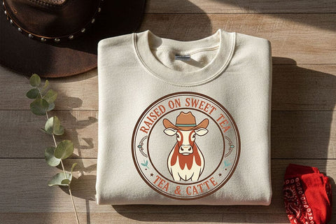 Raised on Sweet Tea Tea & Cattle Png, Western Cowgirl Badge Sublimation Design, Southern Country Girl Shirt Graphic, Ranch Life Cow Png SVG TiffsCraftyCreations 