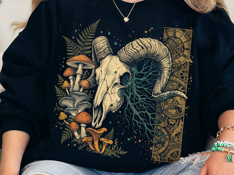 Ram Skull Mushroom PNG, Dark Forest Gothic Sublimation Design SVG DesignDestine 
