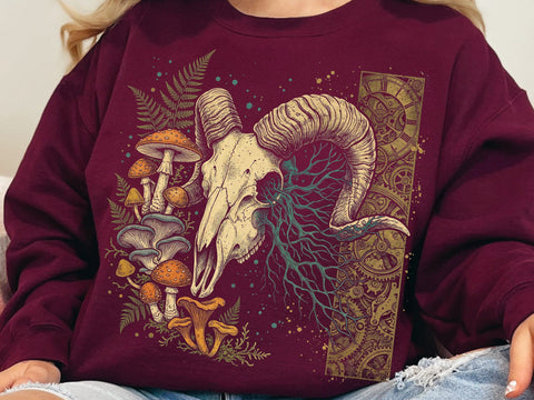 Ram Skull Mushroom PNG, Dark Forest Gothic Sublimation Design SVG DesignDestine 